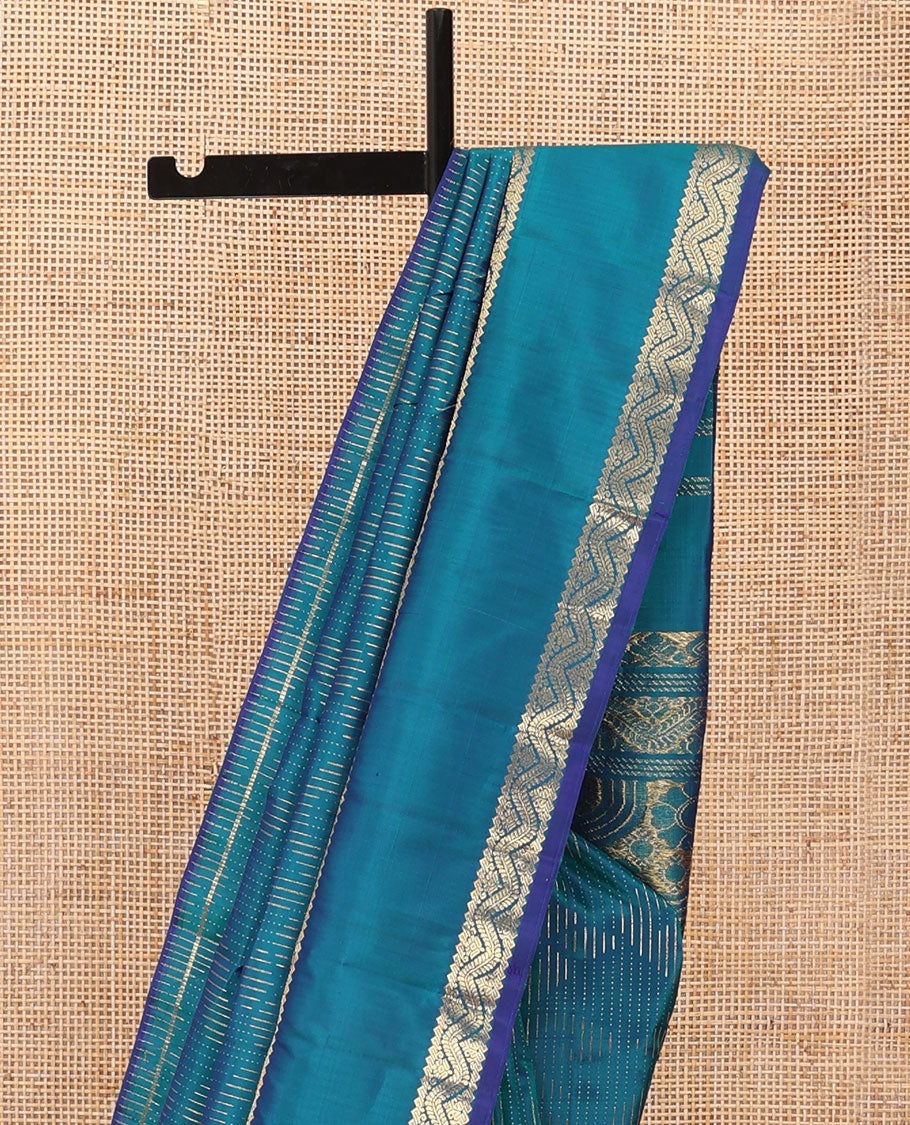 Blue zari design Kanchipuram silk saree, one-sided rettai pettu zari border & floral design pallu