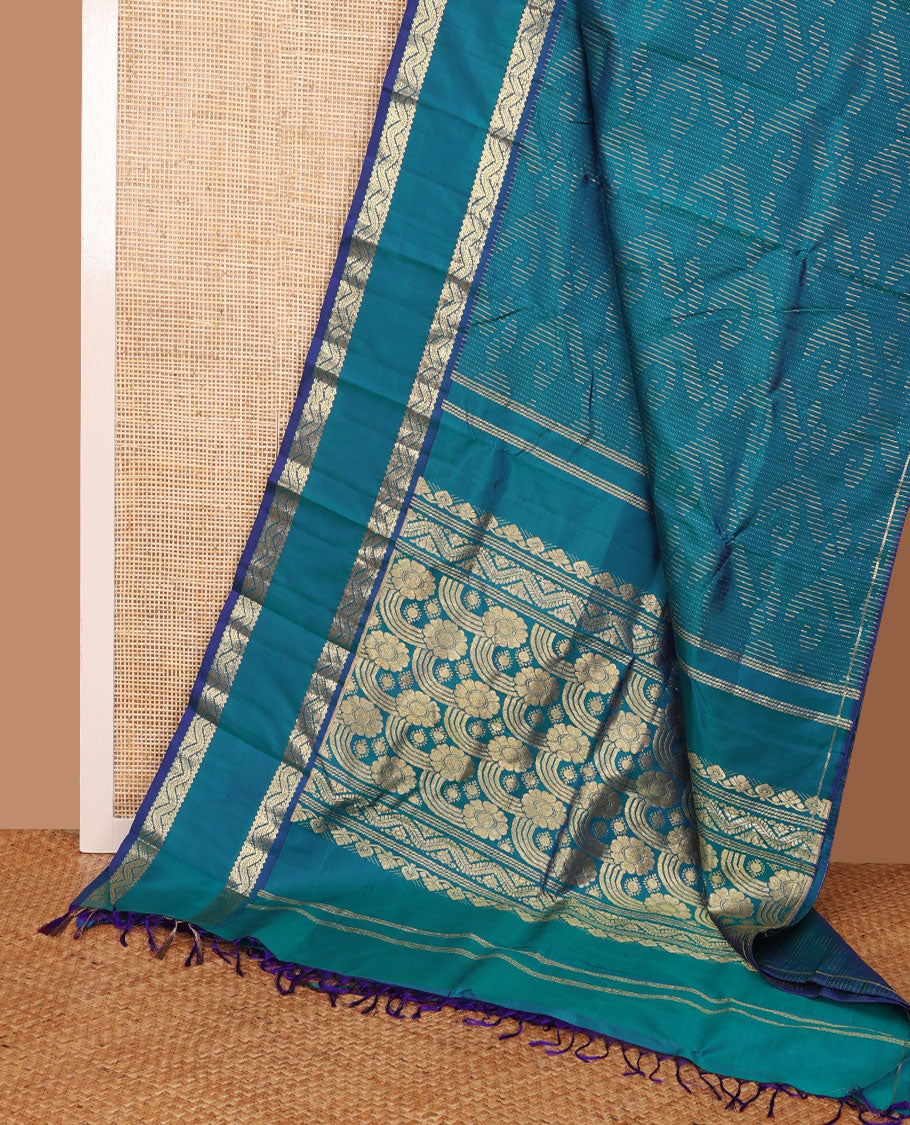Blue zari design Kanchipuram silk saree, one-sided rettai pettu zari border & floral design pallu