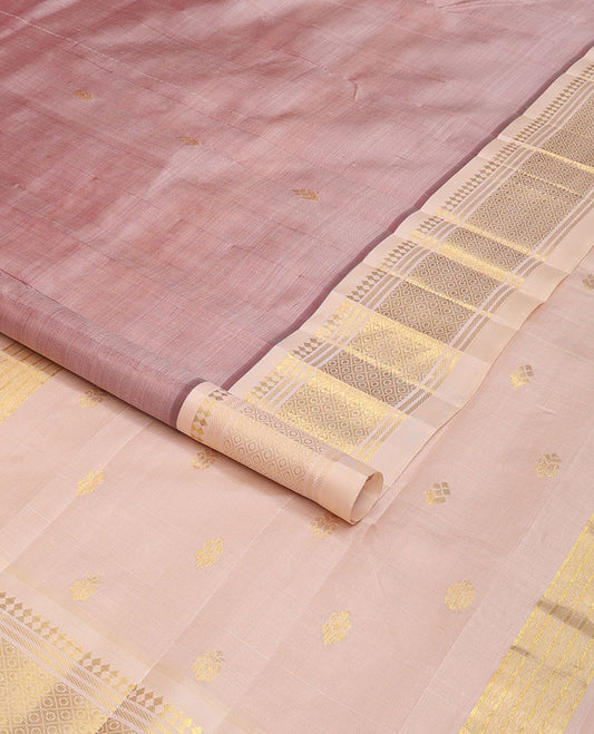 Brown zari buttas Kanchipuram silk saree, contrast one-sided border of panner sombu,banaras,muthu & mayil kann & zari design pallu