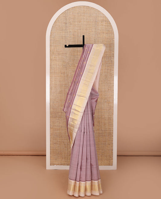 Brown zari buttas Kanchipuram silk saree, contrast one-sided border of panner sombu,banaras,muthu & mayil kann & zari design pallu