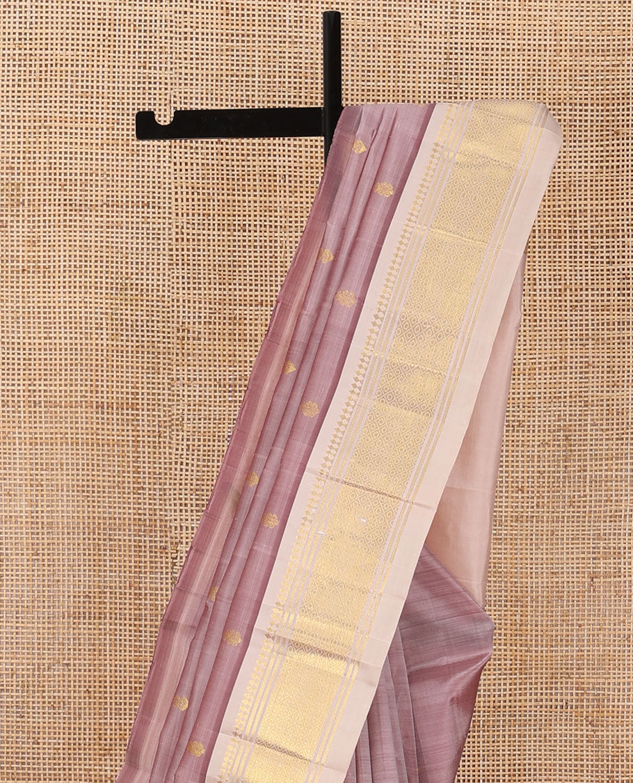Brown zari buttas Kanchipuram silk saree, contrast one-sided border of panner sombu,banaras,muthu & mayil kann & zari design pallu