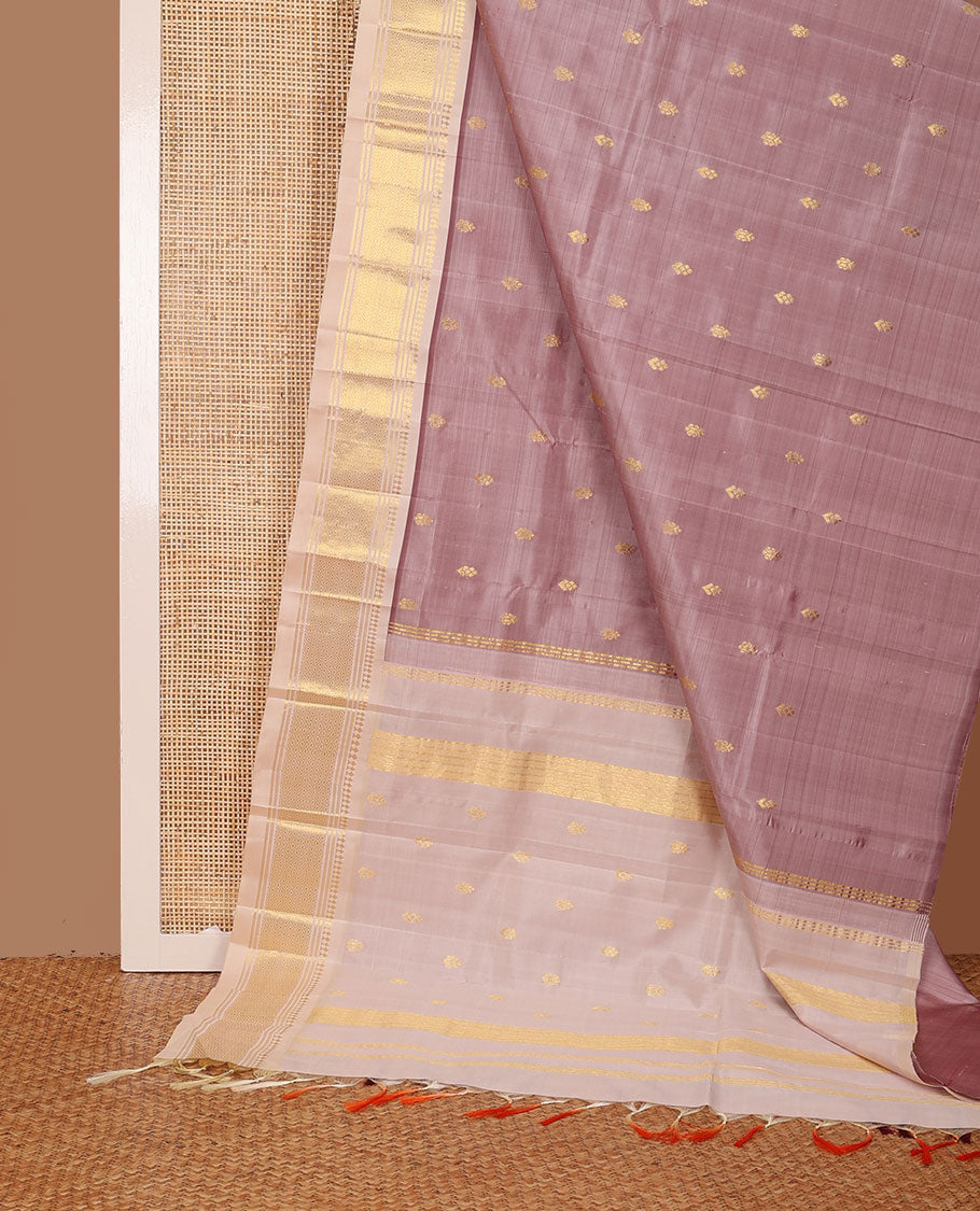 Brown zari buttas Kanchipuram silk saree, contrast one-sided border of panner sombu,banaras,muthu & mayil kann & zari design pallu