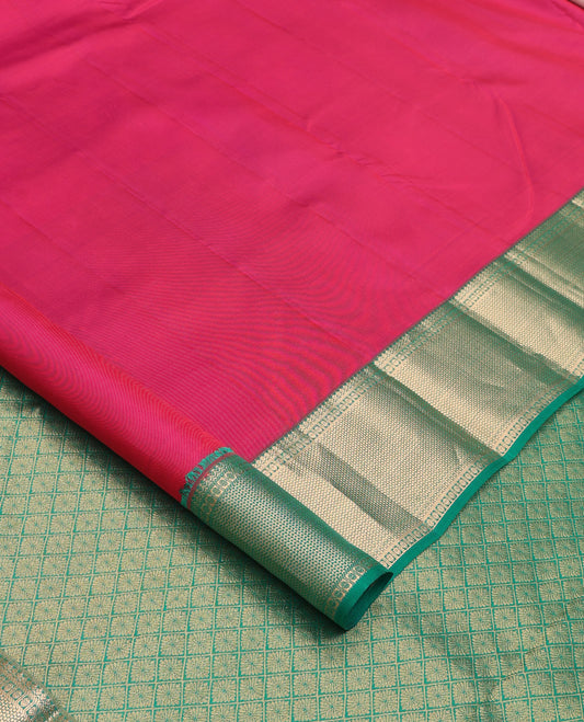 Red plain Kanchipuram silk saree, contrast border of thilakam, banaras, kuyil kann, and rudraksham designs, and jaal pallu