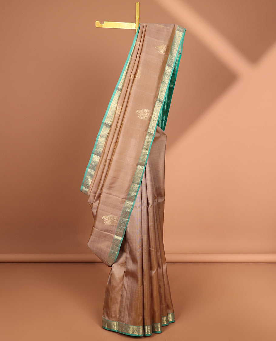 Brown buttas kancheepuram silk saree with contrast zari border & traditional zari design pallu