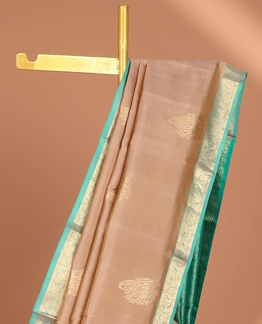 Brown buttas kancheepuram silk saree with contrast zari border & traditional zari design pallu