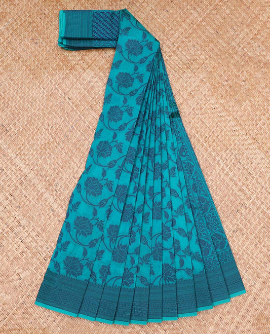 Blue floral vine design kora cotton saree with self intricate design border & floral enclosed checked design pallu