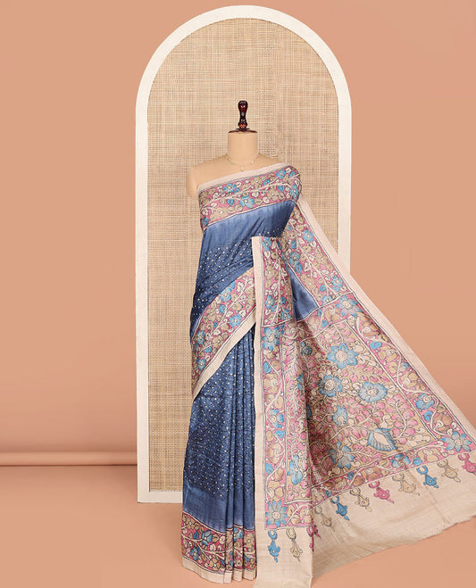 Blue Semi-Tussar Saree Meticulously Designed in Bandhani Dots, Complemented by a Contrast Kalamkari Floral Creeper Printed with Kantha Work Border, Pallu Featuring Floral Print Kantha Work, and Paired with a Contrast Printed Blouse