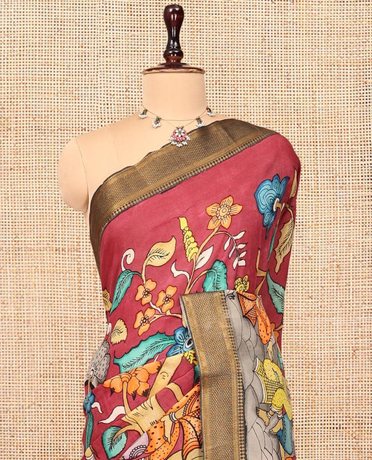 Red Kalamkari Printed Semi-Banarasi Tussar Saree, Accentuated with Human Figurines, Contrast Zari Border, Contrast Peacock Pallu, and a Contrast Blouse
