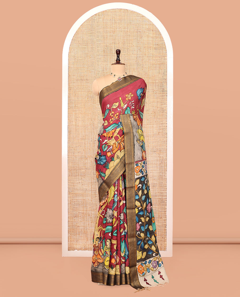 Red Kalamkari Printed Semi-Banarasi Tussar Saree, Accentuated with Human Figurines, Contrast Zari Border, Contrast Peacock Pallu, and a Contrast Blouse