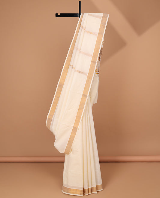 Cream kerala saree with zari stripes, zari border & pallu of peacocks