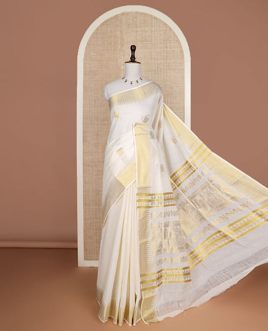 Cream zari buttas Kerala saree, temple zari border, and pallu of intricate zari designs