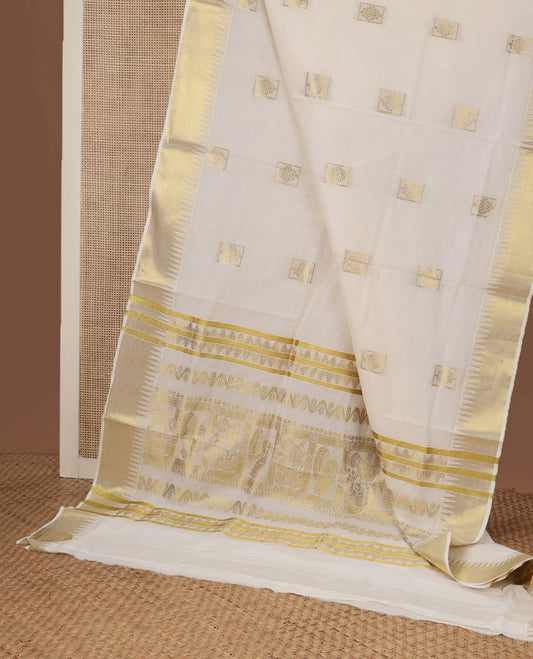 Cream zari buttas Kerala saree, temple zari border, and pallu of intricate zari designs