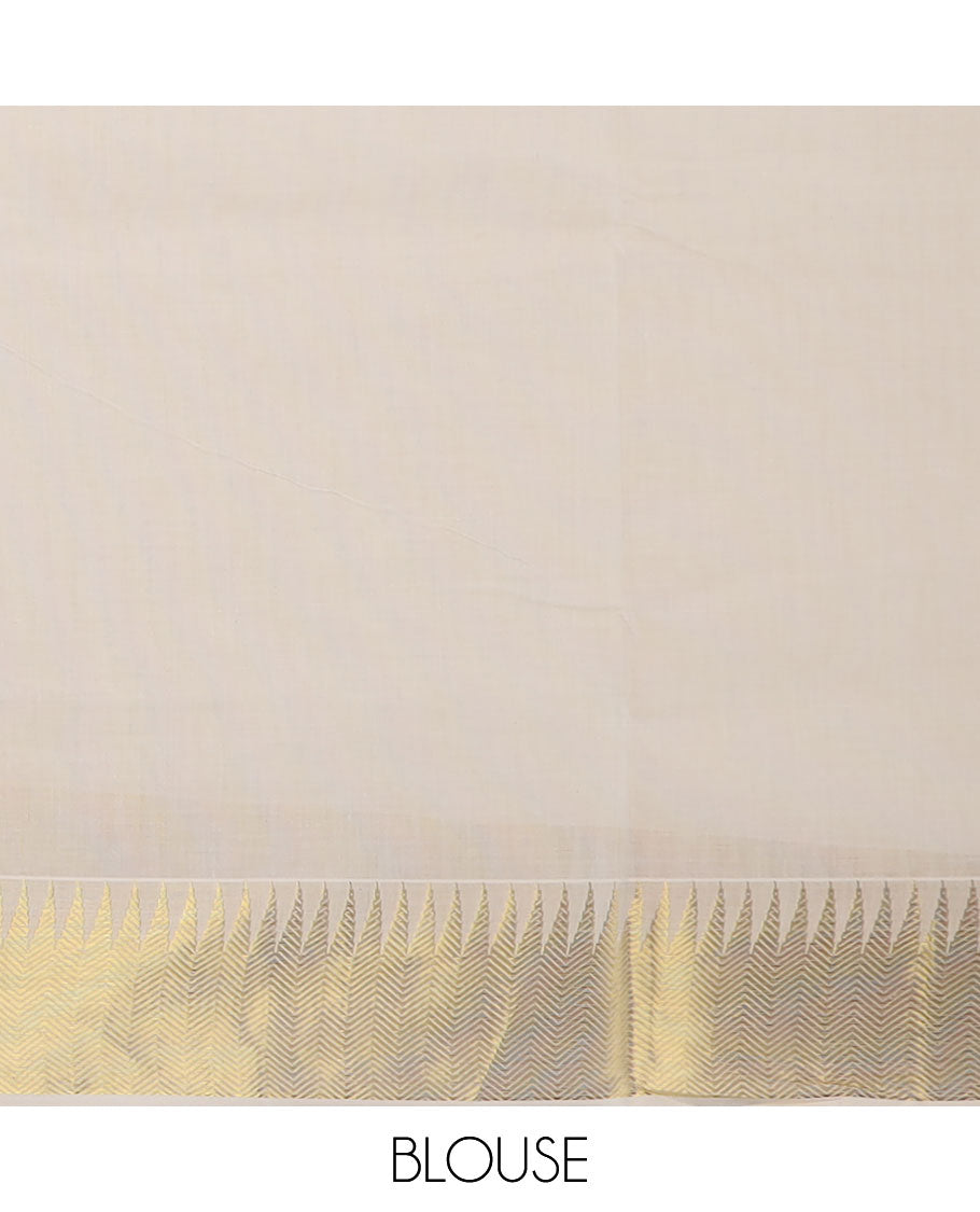 Cream zari buttas Kerala saree, temple zari border, and pallu of intricate zari designs