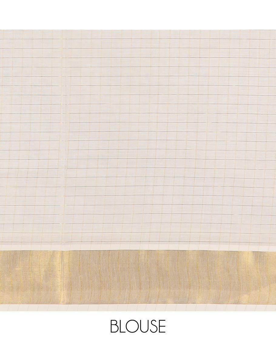 Cream zari checked Kerala cotton saree, zari border, and zari checked design pallu