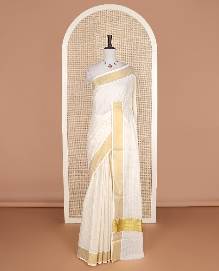 Cream zari checked Kerala cotton saree, zari border, and zari checked design pallu