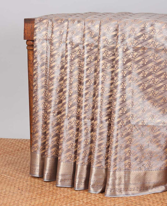 Grey striped floral design kora cotton saree with self zari design border & checked zari design pallu