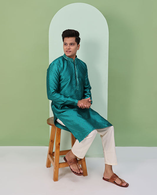 Rama green chevron embossed & neck work full-sleeved kurta