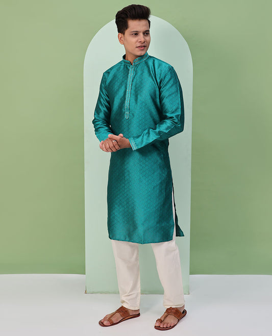 Rama green chevron embossed & neck work full-sleeved kurta
