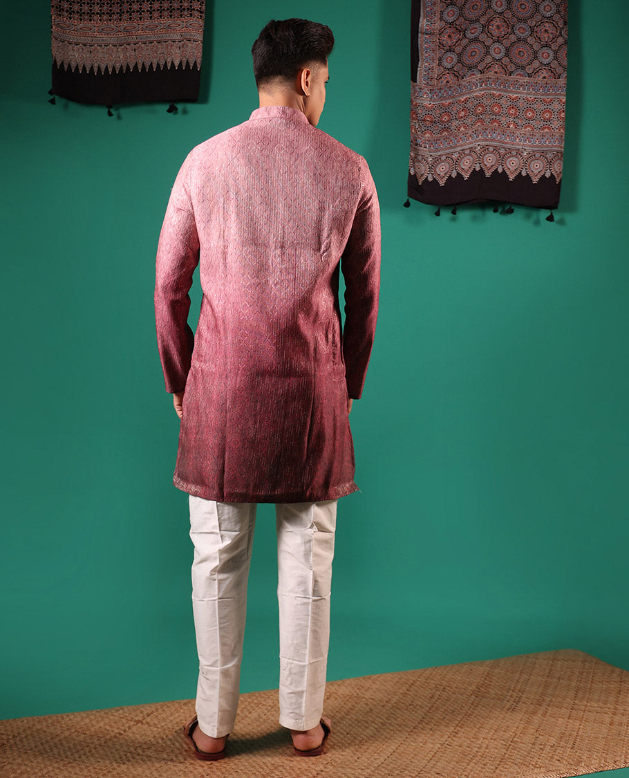 Pink ombre-toned with sequins embroidered jaal patterned full-sleeved men's kurta