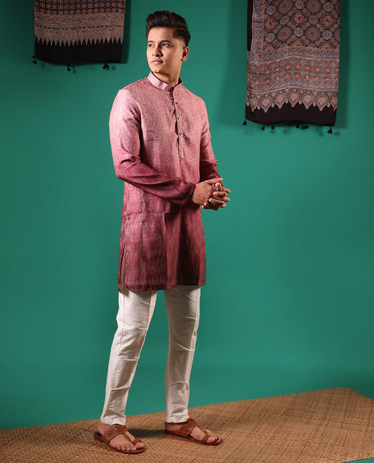 Pink ombre-toned with sequins embroidered jaal patterned full-sleeved men's kurta
