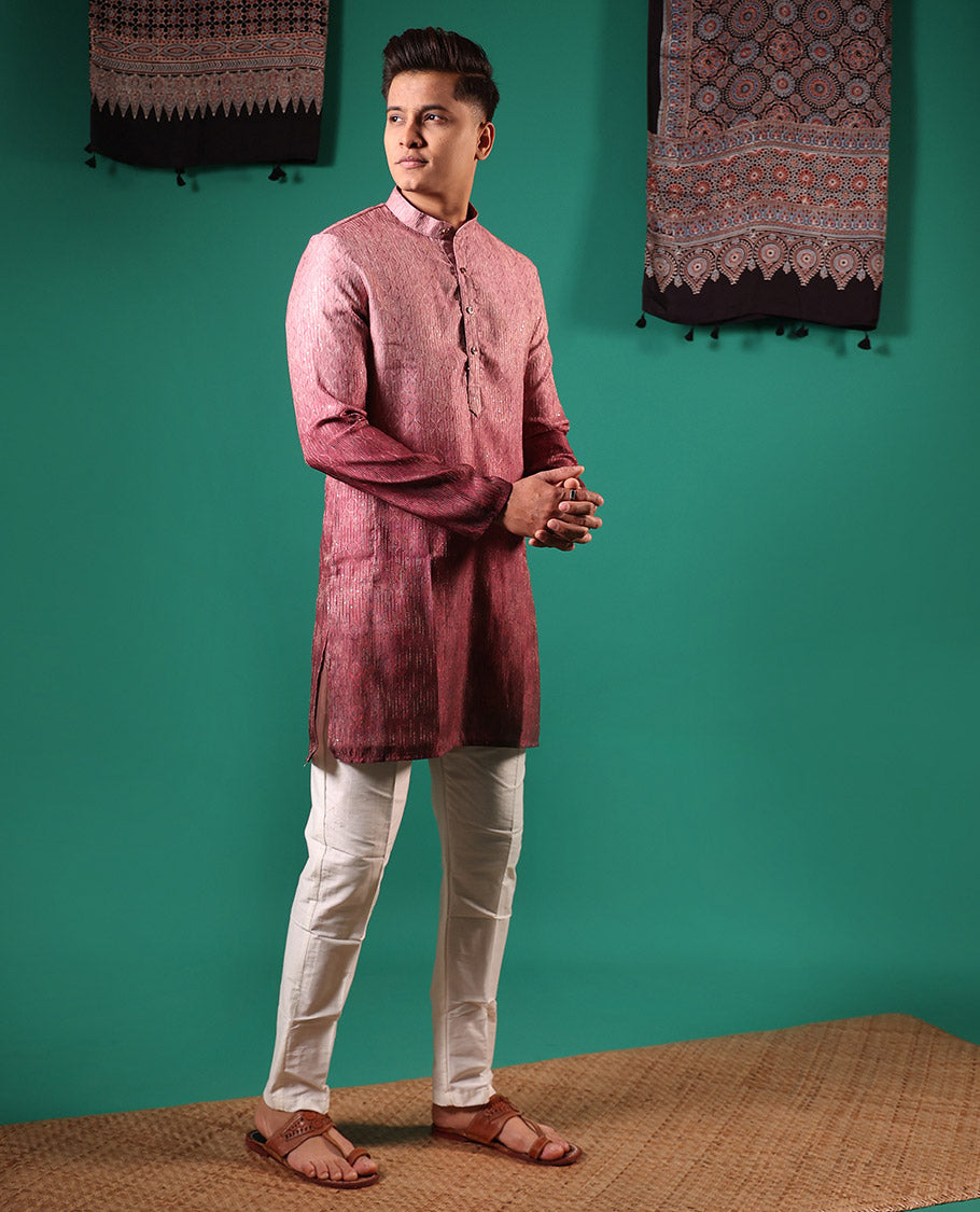 Pink ombre-toned with sequins embroidered jaal patterned full-sleeved men's kurta