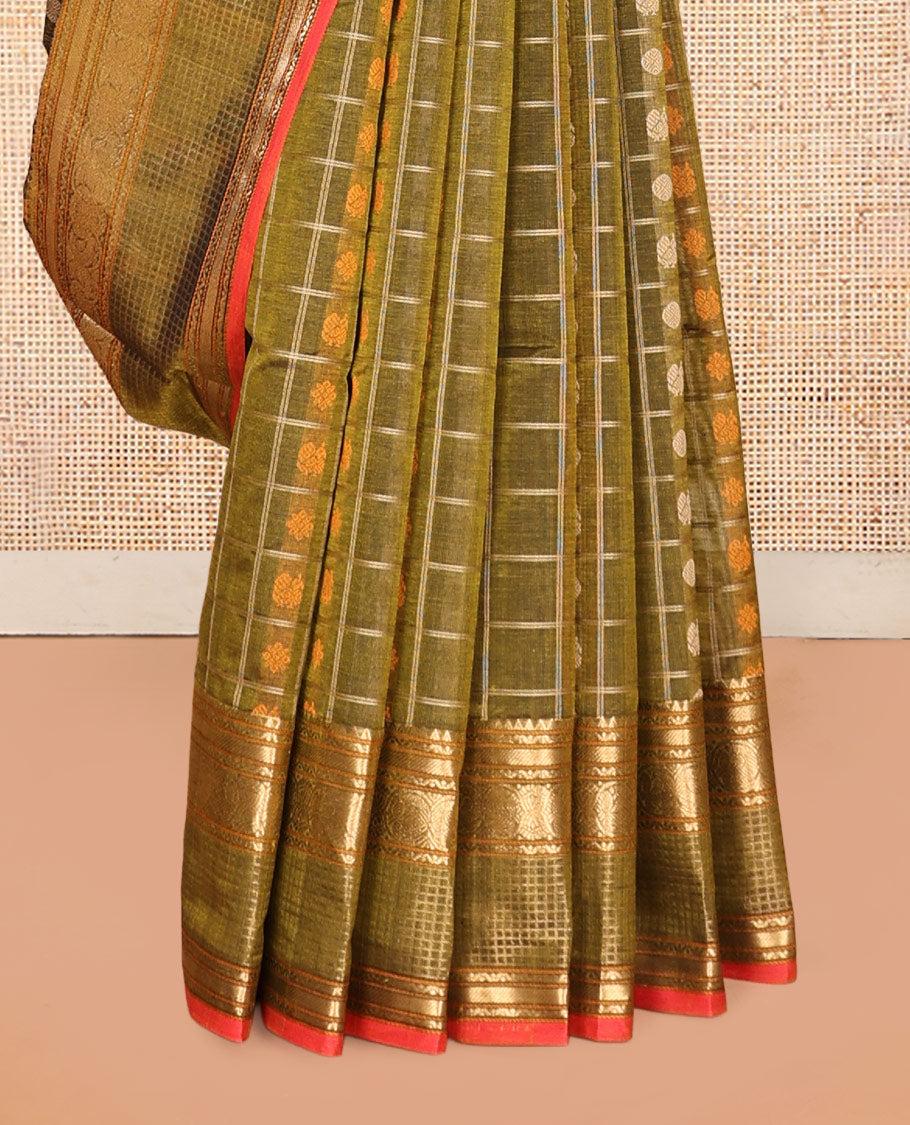 Green Buttas-Checked Kuppadam Silk Saree, a Semi-Contrast Traditional Border, Grand Pallu, a Matching Blouse