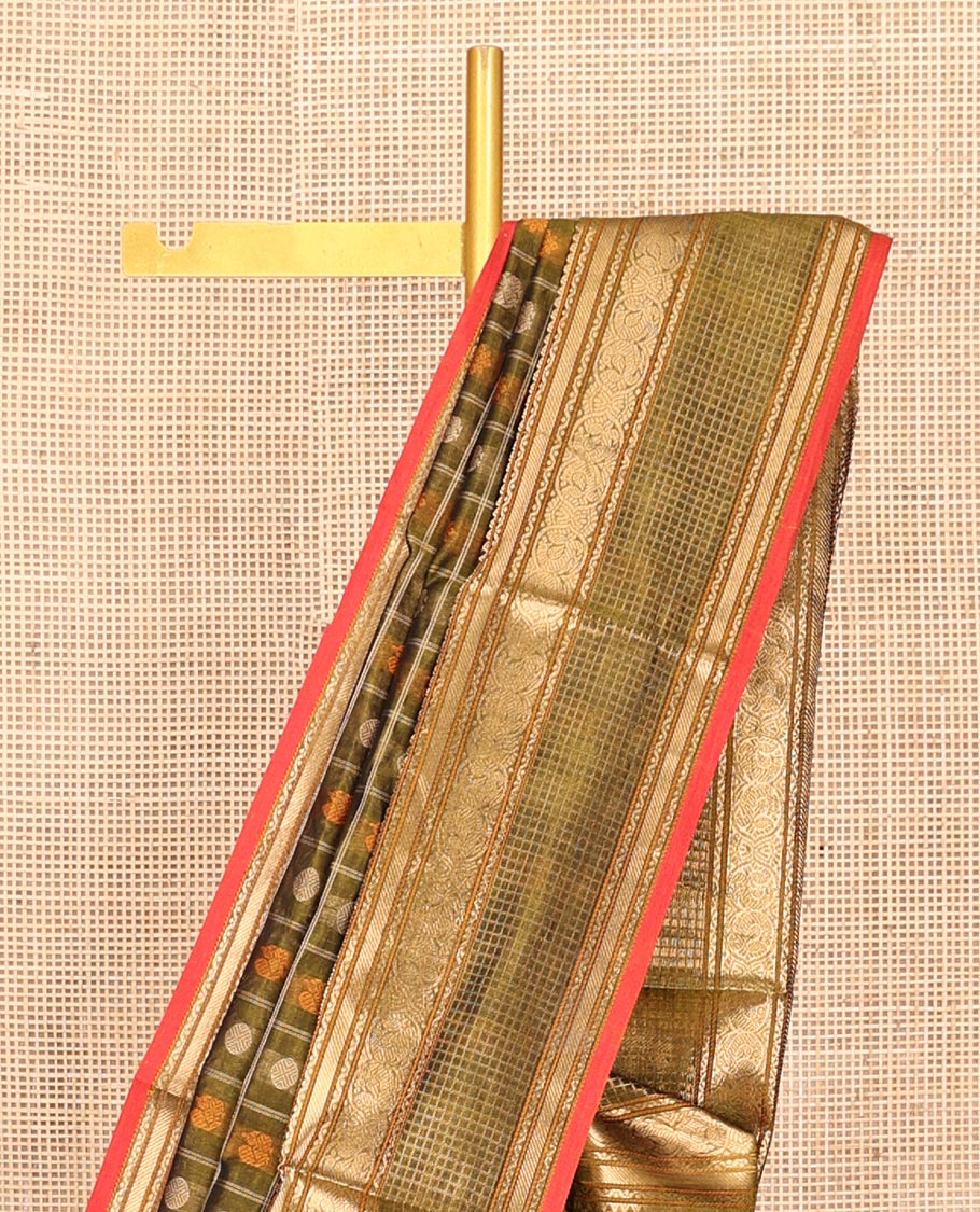 Green Buttas-Checked Kuppadam Silk Saree, a Semi-Contrast Traditional Border, Grand Pallu, a Matching Blouse