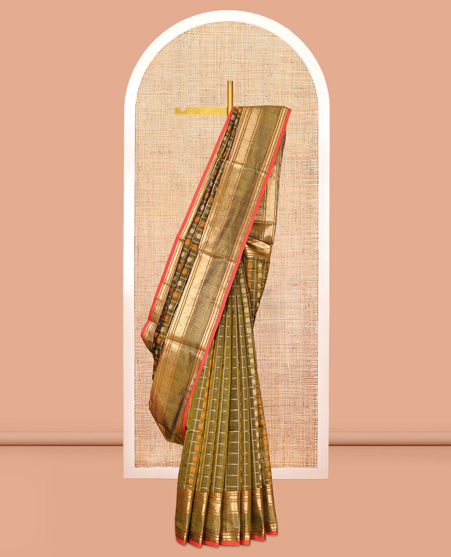Green Buttas-Checked Kuppadam Silk Saree, a Semi-Contrast Traditional Border, Grand Pallu, a Matching Blouse