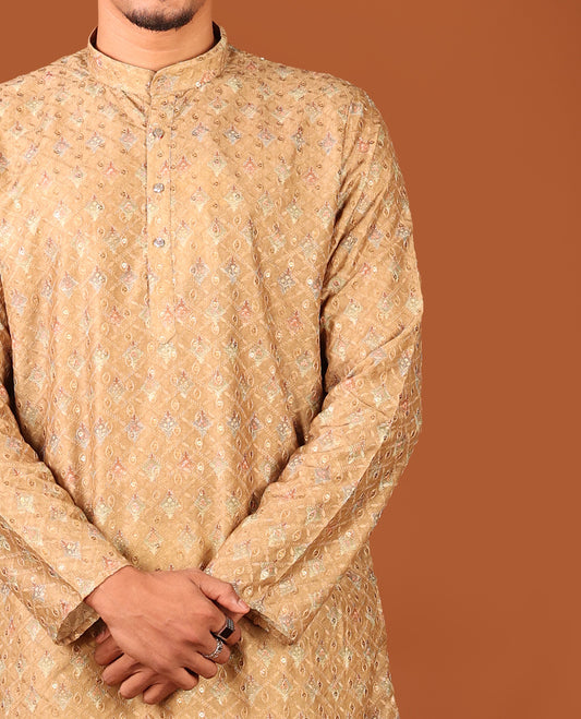 Mustard Uniquely Printed and Thread Embroidered Full-Sleeved Men's Kurta Set