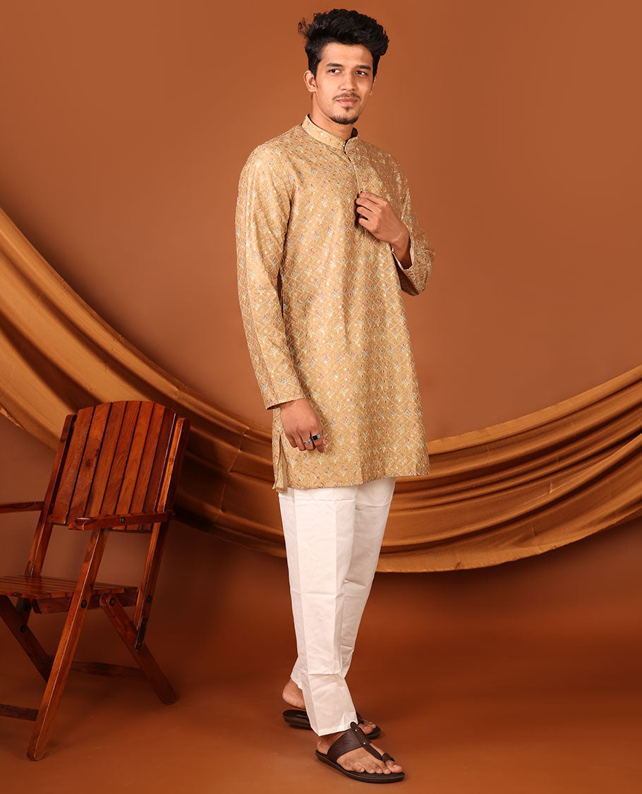 Mustard Uniquely Printed and Thread Embroidered Full-Sleeved Men's Kurta Set