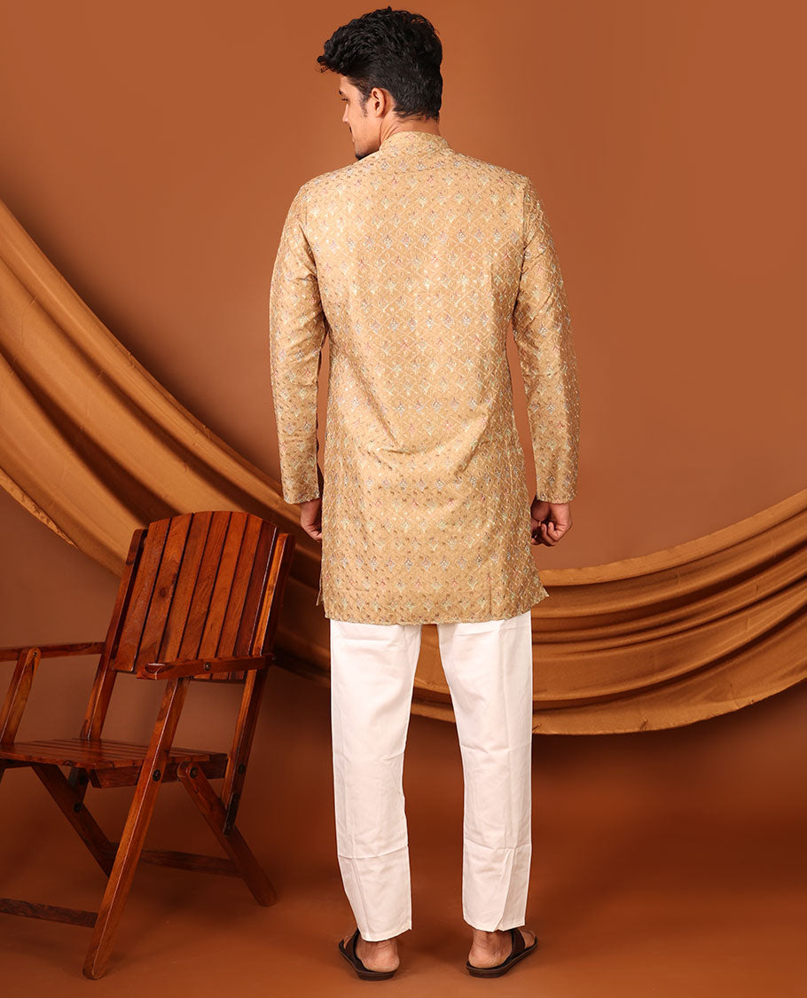 Mustard Uniquely Printed and Thread Embroidered Full-Sleeved Men's Kurta Set