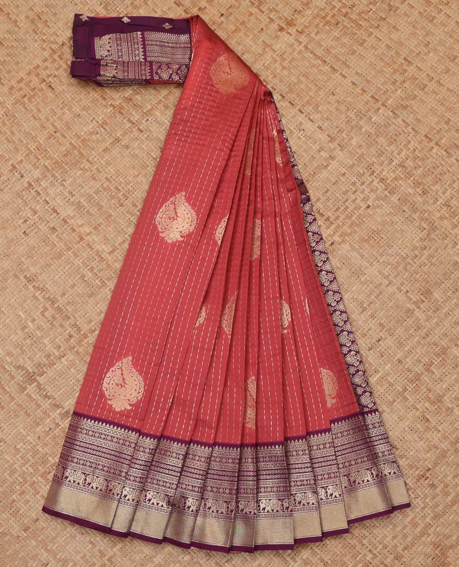 Terracotta Red Litchi Saree, Detailed with Zari Buttas, a Contrast Traditional Zari Border, Grand Pallu, and a Contrast Blouse