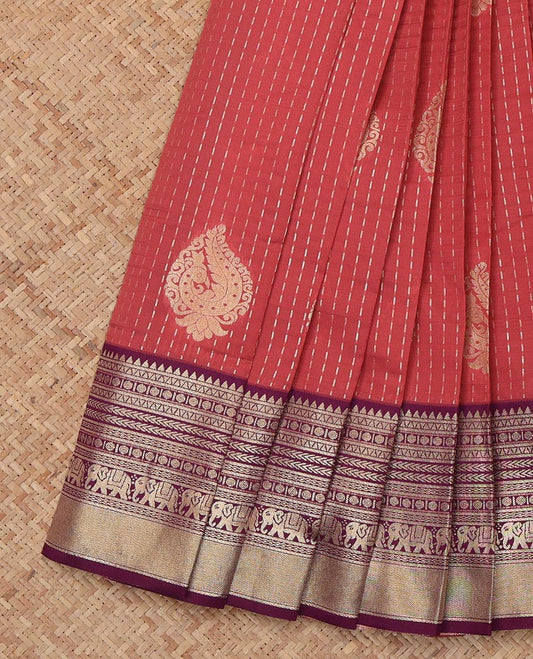 Terracotta Red Litchi Saree, Detailed with Zari Buttas, a Contrast Traditional Zari Border, Grand Pallu, and a Contrast Blouse