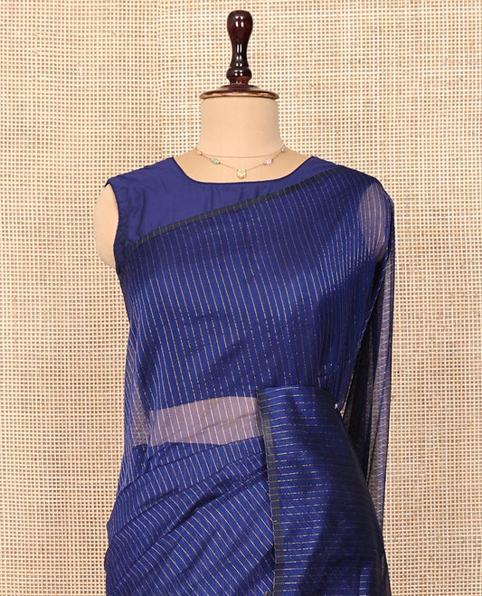 Borderless Blue Maheshwari Cotton Saree, Decked Up with Zari Stripes on Its Body, Highlighted by Pallu Steeped with Zari Design, and Paired with a Matching Blouse