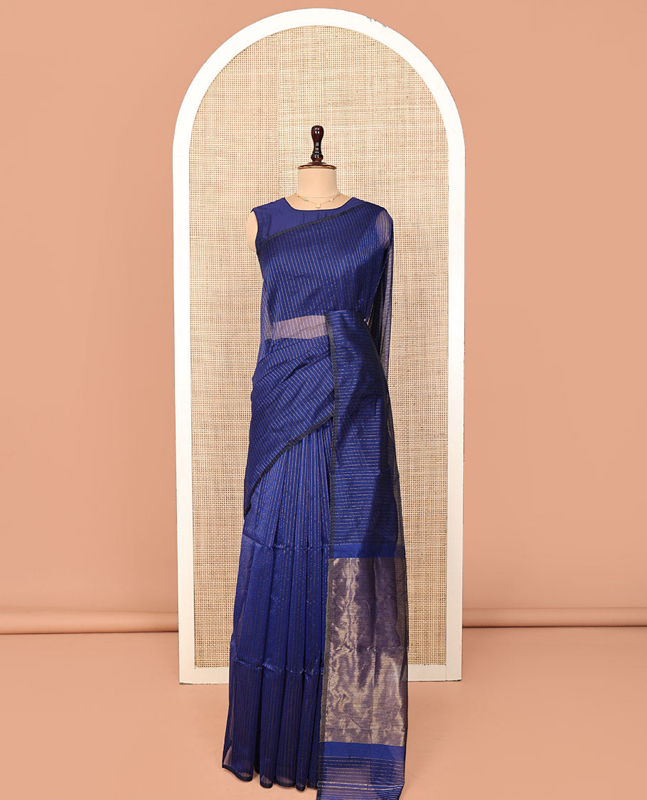 Borderless Blue Maheshwari Cotton Saree, Decked Up with Zari Stripes on Its Body, Highlighted by Pallu Steeped with Zari Design, and Paired with a Matching Blouse