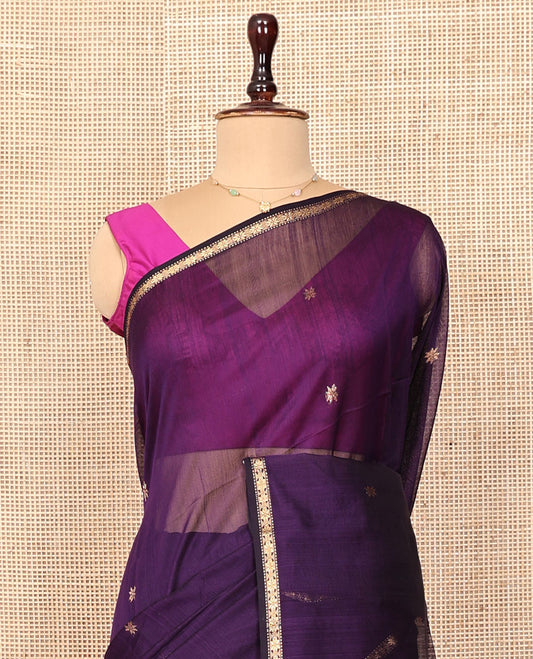 Violet Maheshwari Cotton Saree, Dazzled with Star Buttas All Over Its Body, Zari Woven Piping Border of Star Motifs, Complemented  by Contrast Pallu Steeped with Star Designs, and Paired with a Contrast Blouse