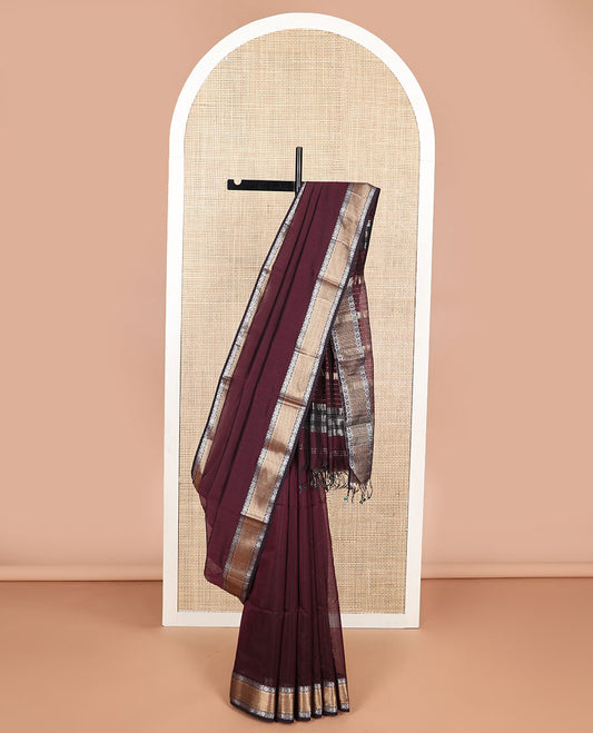 Brown maheshwari cotton saree with contrast  floral zari design border & striped pallu