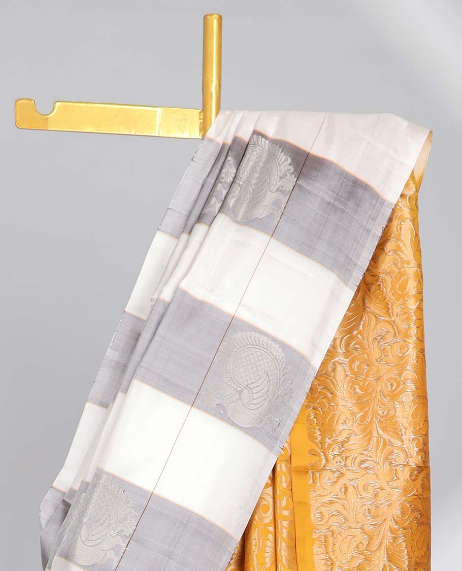 Borderless multi-color checked,peacock buttas soft silk saree with floral vine zari design pallu