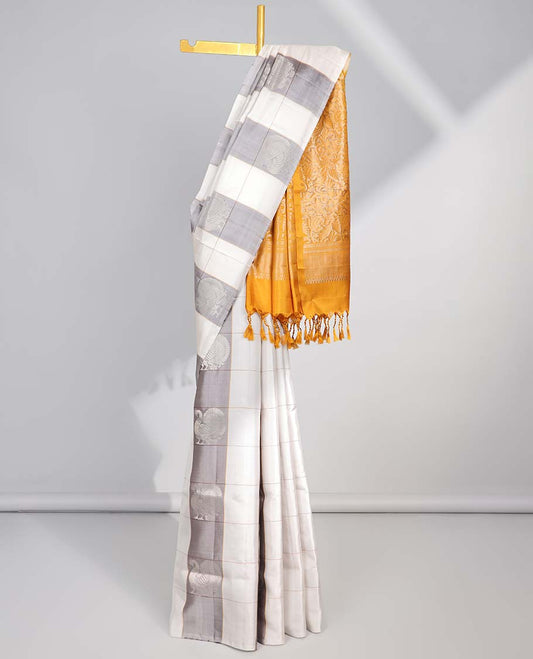 Borderless multi-color checked,peacock buttas soft silk saree with floral vine zari design pallu
