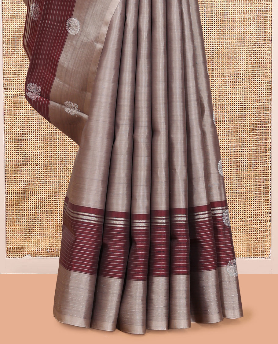 Grey Mayuri Lite Silk Mix Saree, Graced with Mayil and Chakram Zari Buttas, Complemented By Contrast Striped Border of Mayil Design, a Grand Jaal Pallu, and a Contrast Blouse