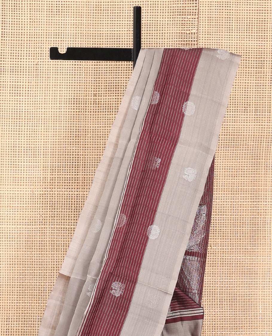 Grey Mayuri Lite Silk Mix Saree, Graced with Mayil and Chakram Zari Buttas, Complemented By Contrast Striped Border of Mayil Design, a Grand Jaal Pallu, and a Contrast Blouse