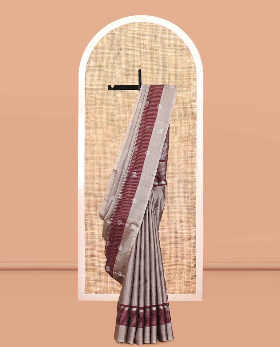 Grey Mayuri Lite Silk Mix Saree, Graced with Mayil and Chakram Zari Buttas, Complemented By Contrast Striped Border of Mayil Design, a Grand Jaal Pallu, and a Contrast Blouse