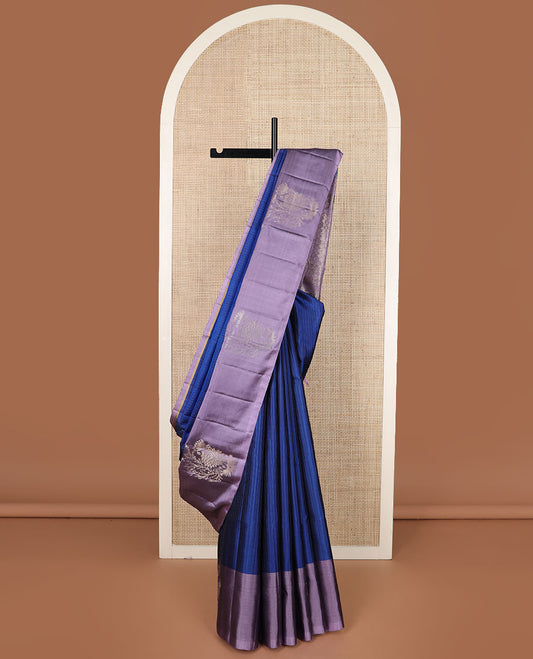Blue dotted striped soft silk saree, contrast floral motifs border & pallu of paisleys & chakram motifs