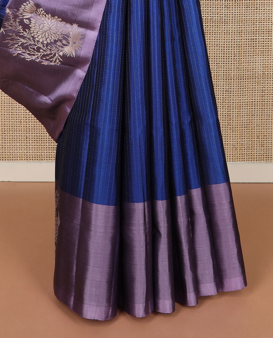 Blue dotted striped soft silk saree, contrast floral motifs border & pallu of paisleys & chakram motifs