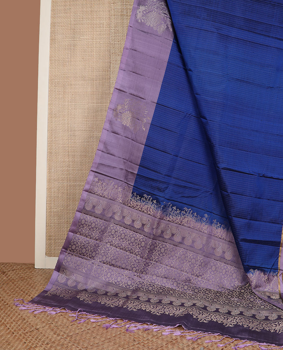 Blue dotted striped soft silk saree, contrast floral motifs border & pallu of paisleys & chakram motifs