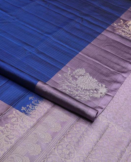 Blue dotted striped soft silk saree, contrast floral motifs border & pallu of paisleys & chakram motifs