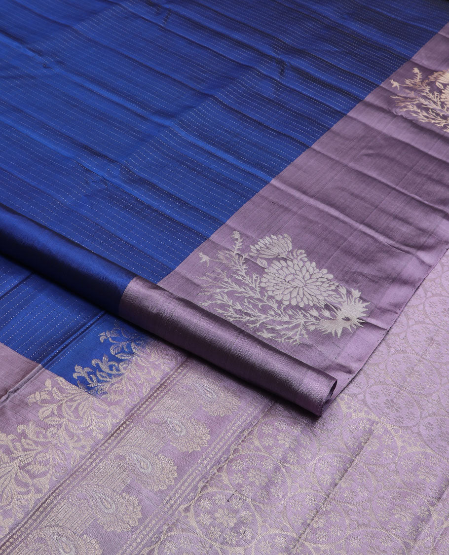 Blue dotted striped soft silk saree, contrast floral motifs border & pallu of paisleys & chakram motifs
