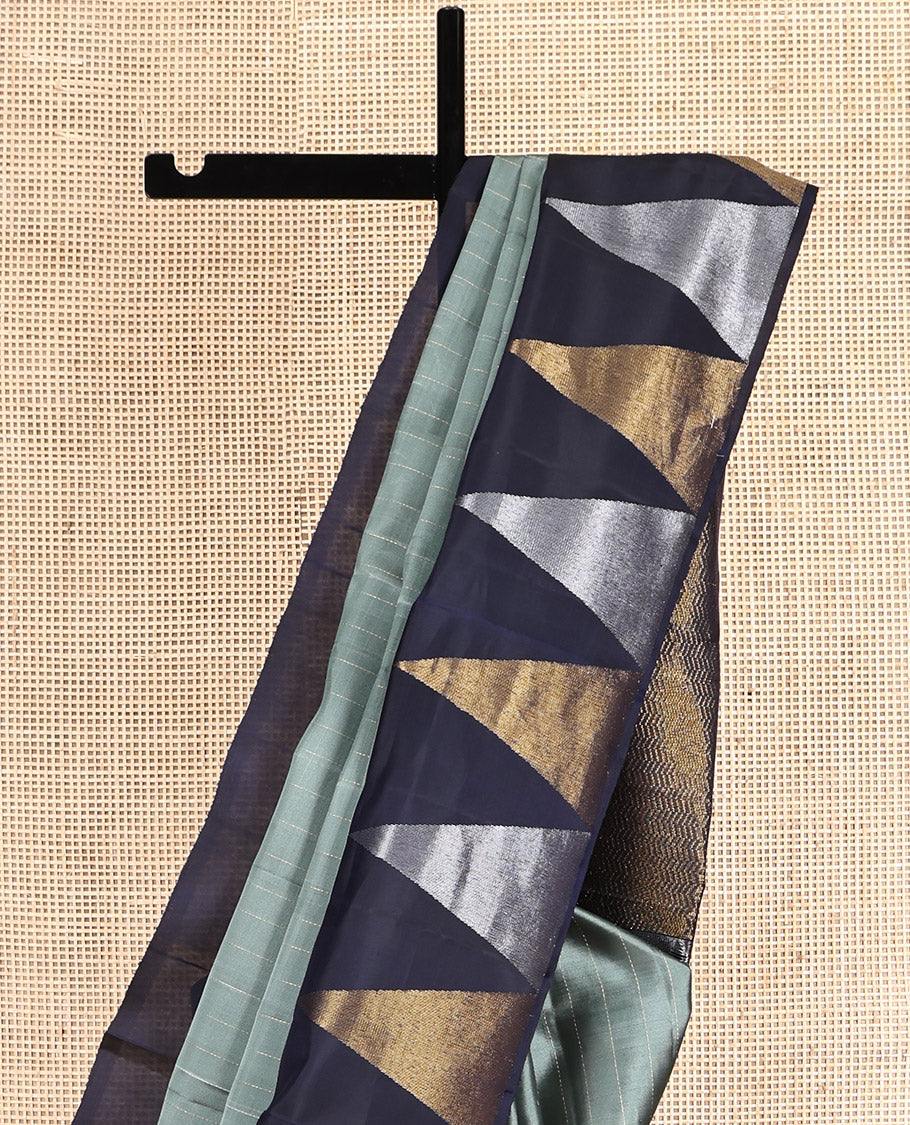 Grey Mayuri Soft Silk Saree, Subtly Sparkled with Stripes, Contrast Temple Border, Pallu of Vanki Designs, and a Contrast  Blouse