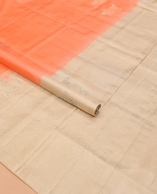 Orange Mayuri Soft Silk Saree, Majestically Detailed with Floral Buttas All Over Its Body, Complemented by Contrast Border of Floral Designs, Pallu of Sparsely Woven Intricate Designs, and Paired with a Contrast Blouse