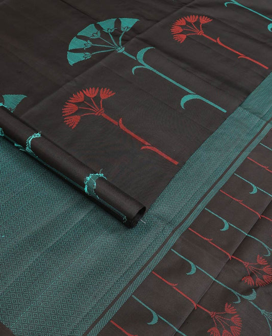 Borderless black floral buttas resham thread woven soft silk saree, self-pallu of mayil kann designs